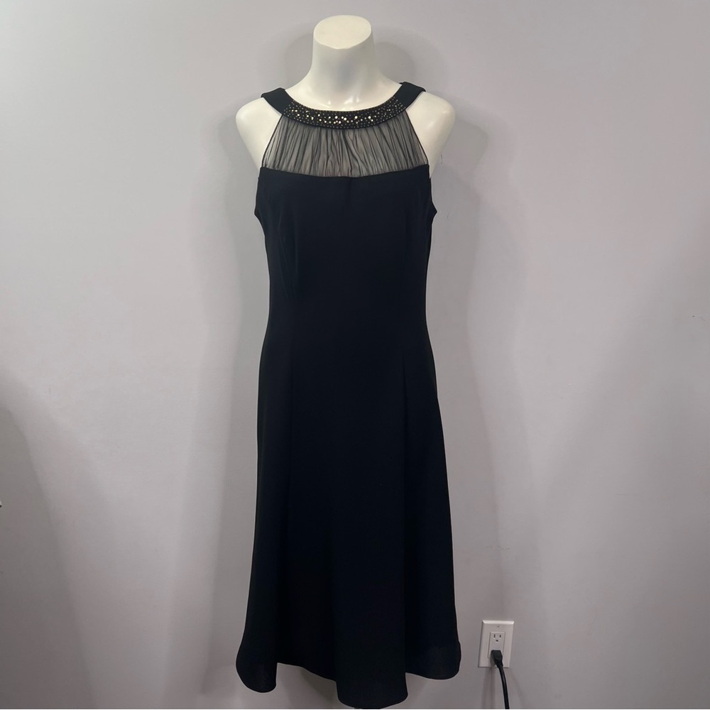 Evan Picone Black Sleeveless Midi Dress with Sheer Beaded Yoke